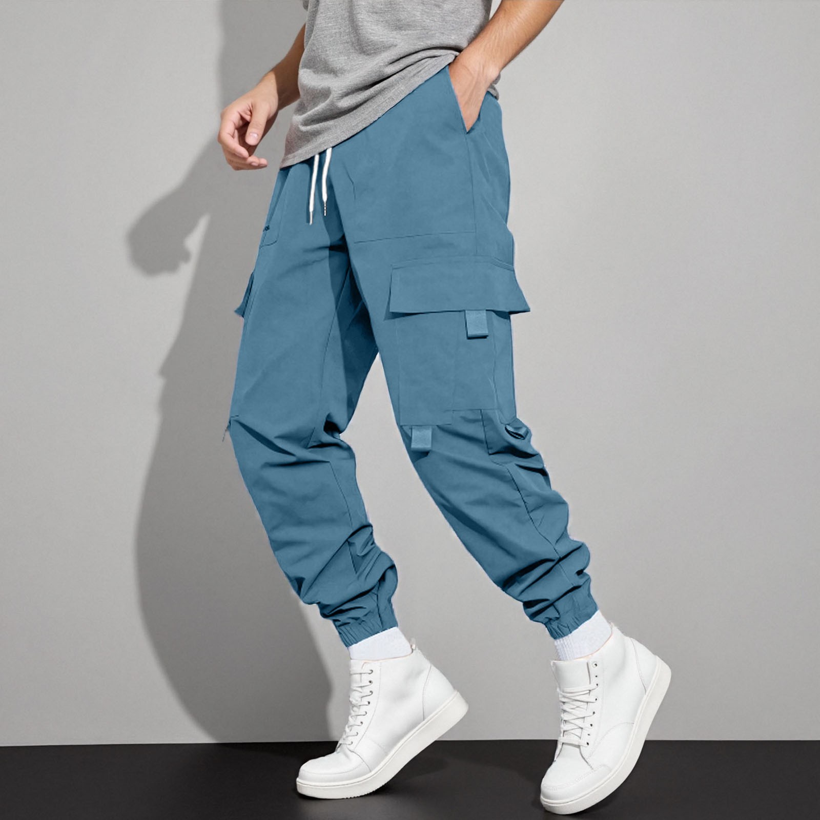 thumbnail image 2 of Pantalones cargo para hombre con cordón elástico en la cintura, pierna recta, bolsillos laterales y traseros, poliéster ligero, para uso informal/deportes al aire libre, tallas S-XXL, 2 of 8
